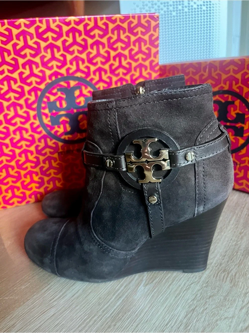 Tory Burch Dark Brown Suede Wedge Ankle Boots with Gold Logo